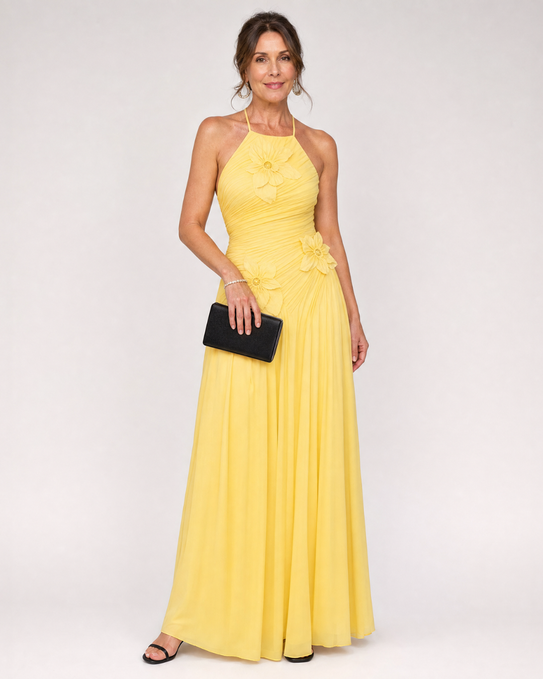 Stephene | Plissé Halter Nek Bloemdetail Maxi Jurk