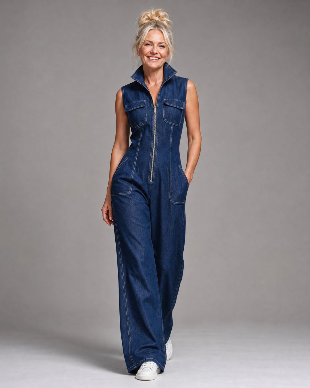 Samantha | Zip Front Mouwloze Denim Wijde Pijpen Jumpsuit