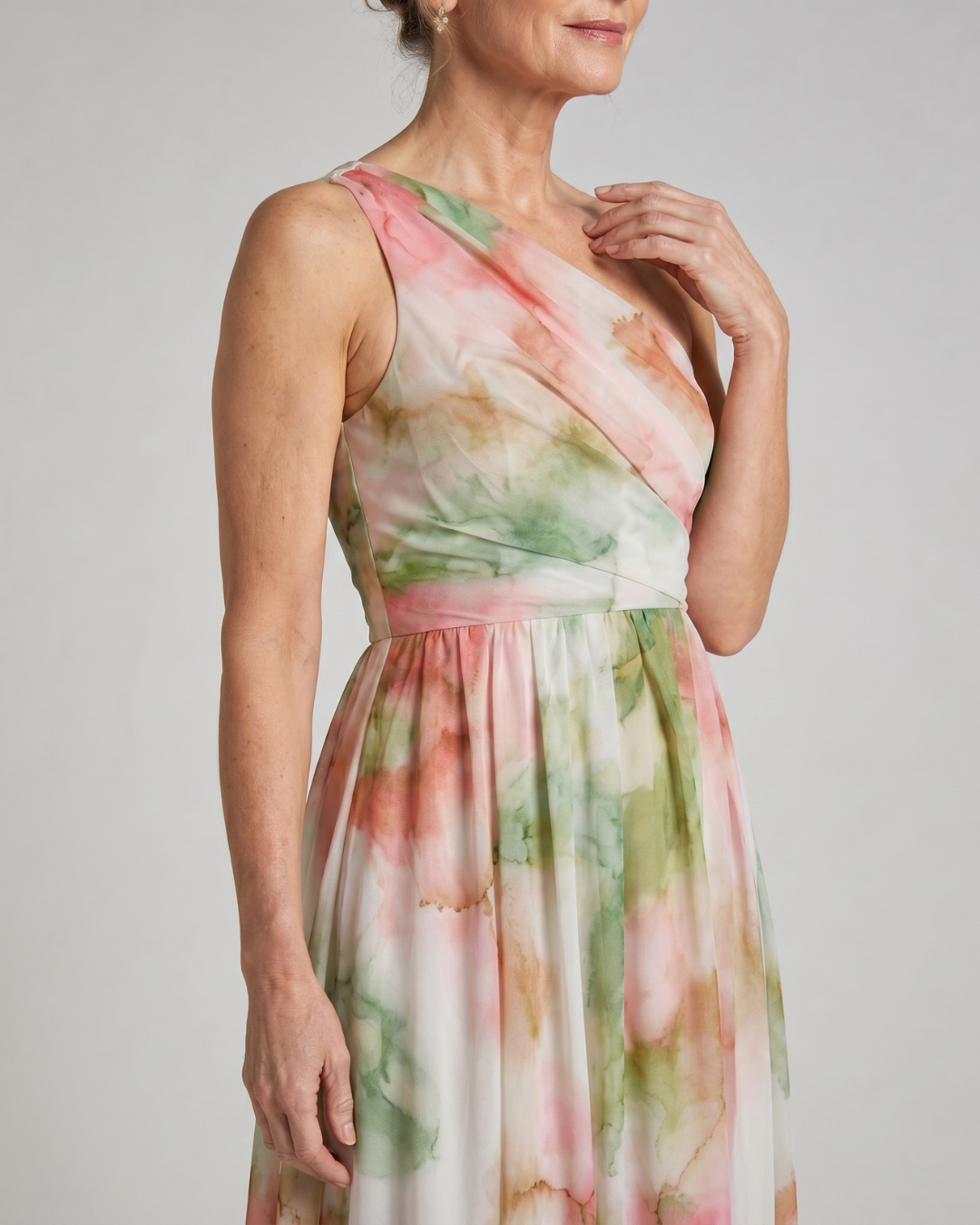 Olene | Aquarel Een Schouder Vloeiende Maxi Jurk