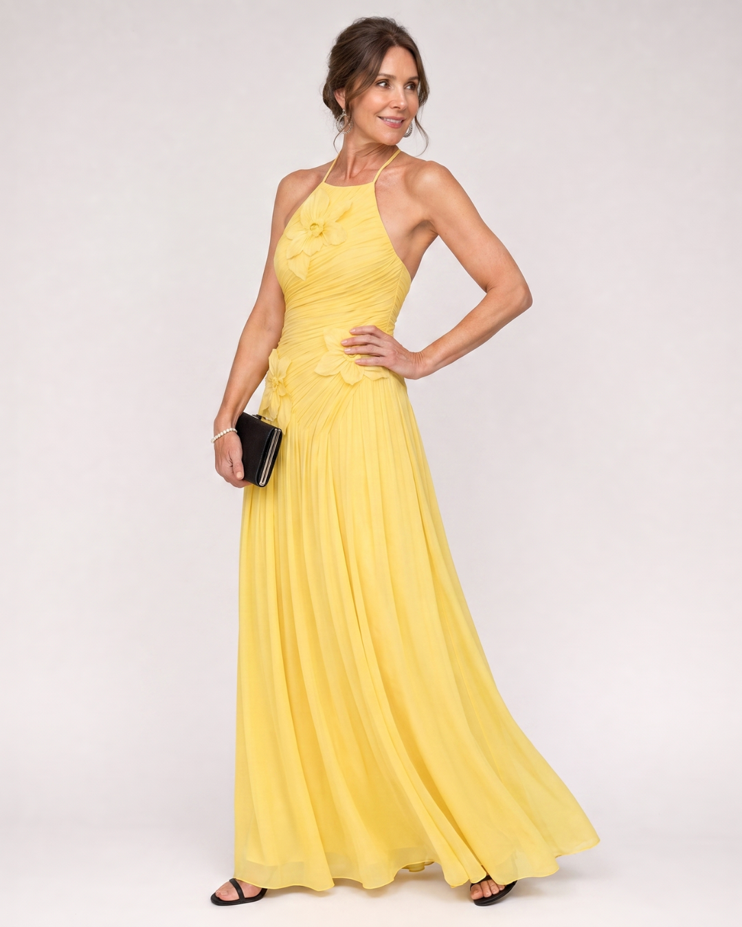Stephene | Plissé Halter Nek Bloemdetail Maxi Jurk
