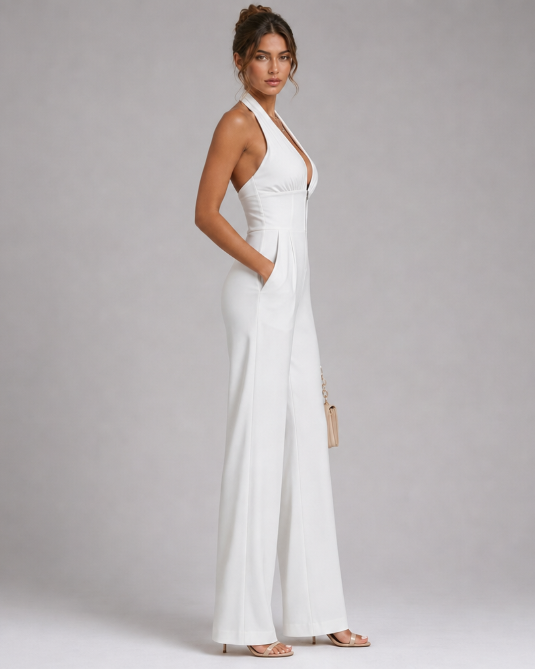 Nymera | Halter Nek Wijde Pijpen Mouwloze Jumpsuit