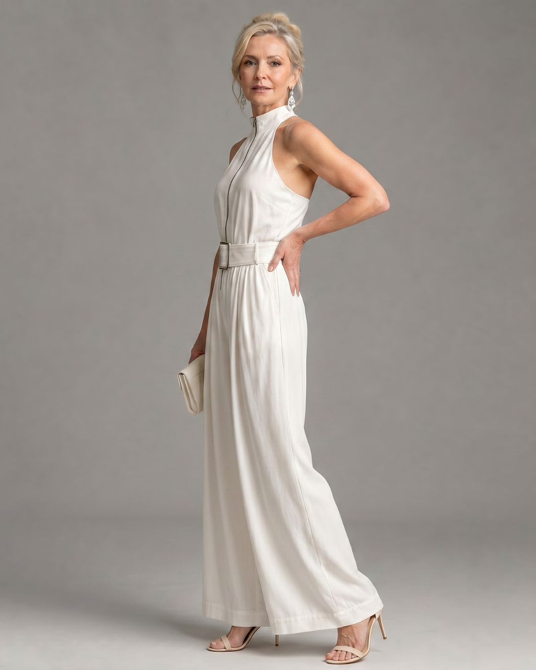 Astrielle | Hoge Hals Breed Been Mouwloze Jumpsuit met Ceintuur