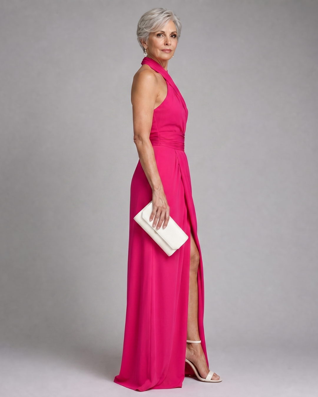 Vaelora | Cross Halter Draped Side Slit Midi Jurk
