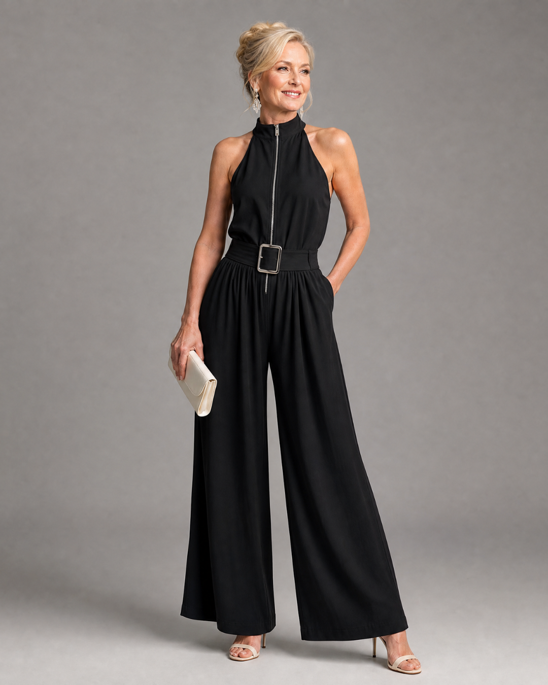 Astrielle | Hoge Hals Breed Been Mouwloze Jumpsuit met Ceintuur
