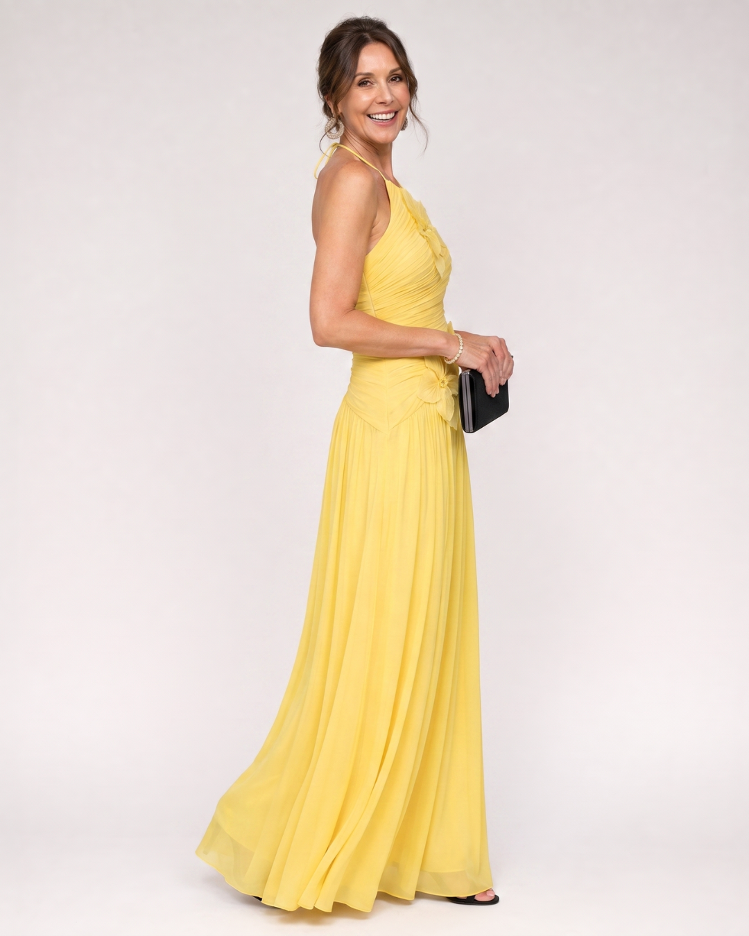 Stephene | Plissé Halter Nek Bloemdetail Maxi Jurk