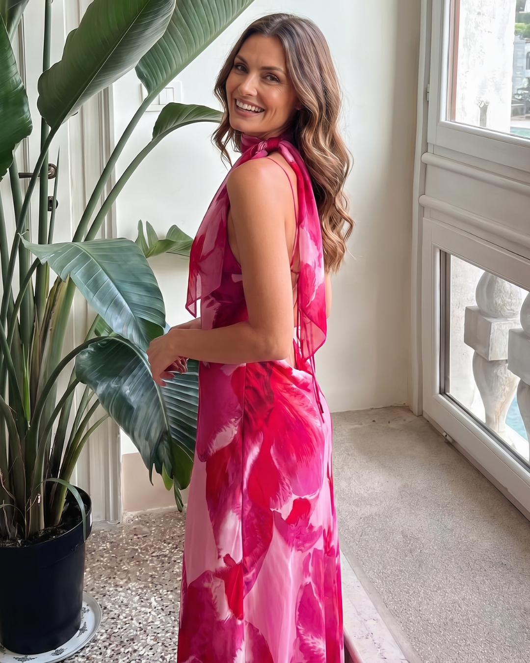 Najem | Watercolor Print Mouwloze Diepe V Midi Jurk