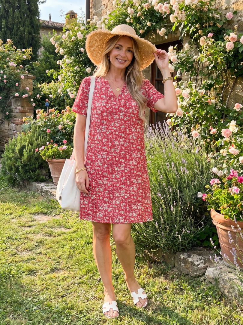 Somene | Korte Mouw Geometrische Print Knie Lengte Jurk