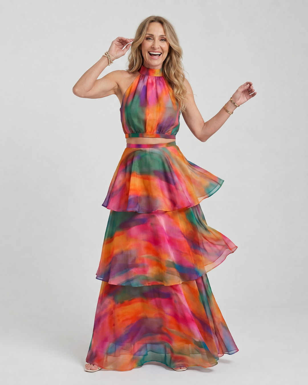 Mique | Natuurlijke Bloemen Halter Cutout Laagjes Maxi Jurk