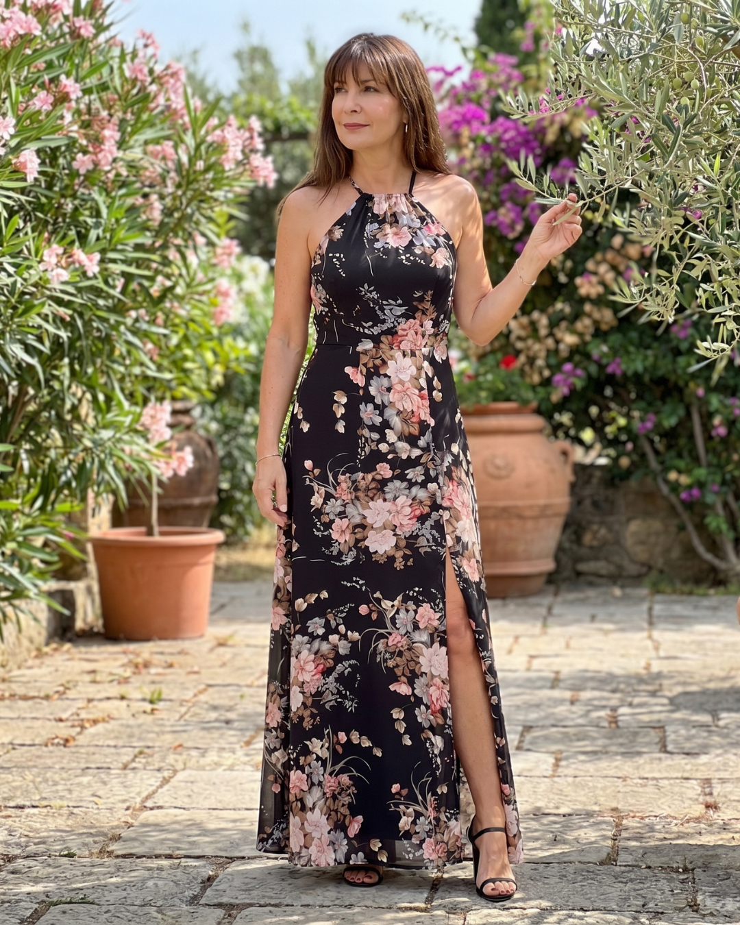 Loliane | Bloemen Halter Nek Zij Slits Midi Jurk