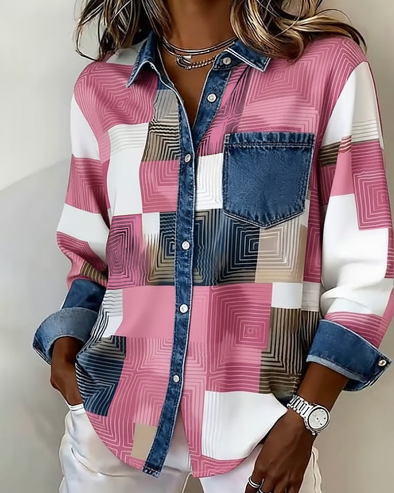 Kleurblok Shirt met Modieuze Kraag