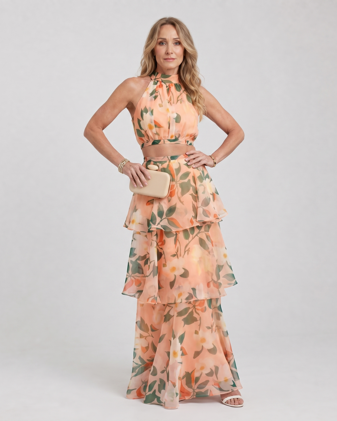 Mique | Natuurlijke Bloemen Halter Cutout Laagjes Maxi Jurk