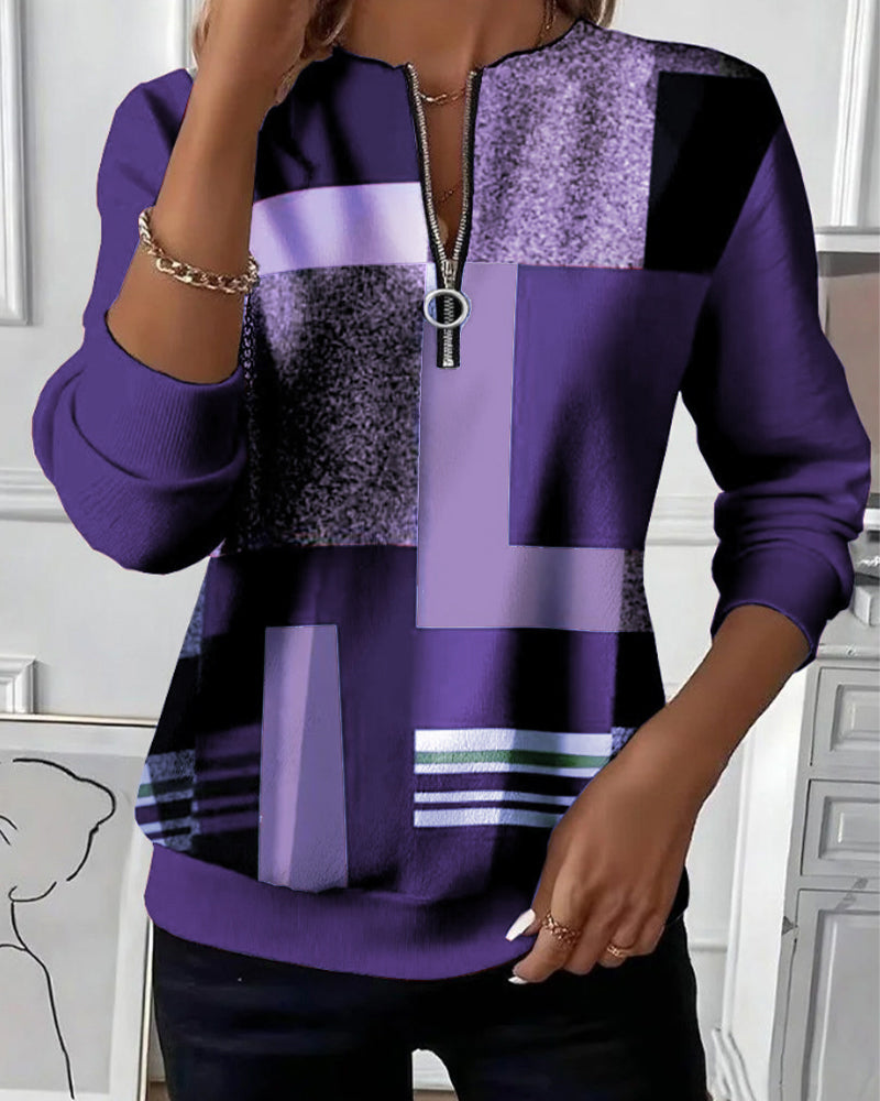 Casual Trui met Halve Rits en Print