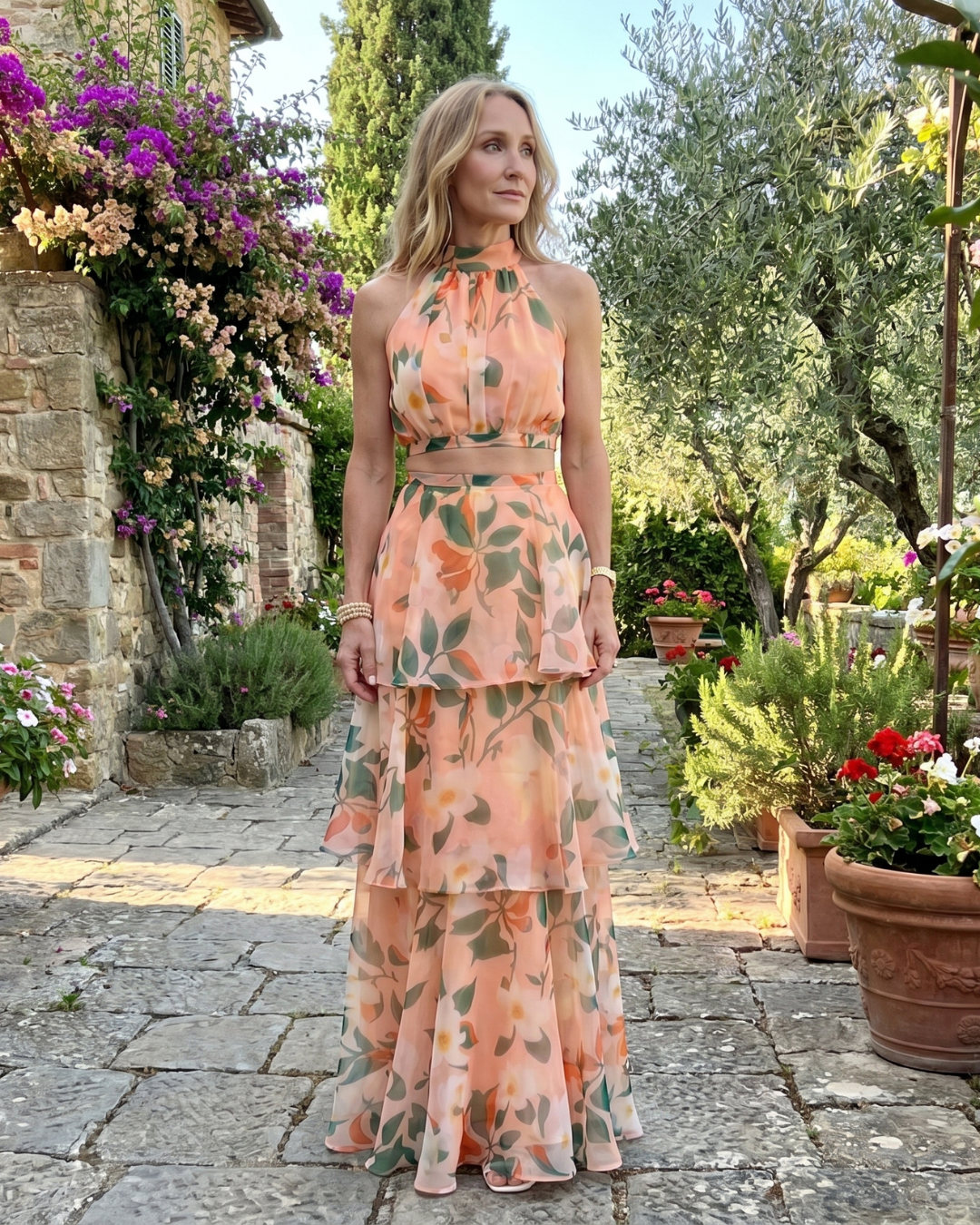 Mique | Natuurlijke Bloemen Halter Cutout Laagjes Maxi Jurk