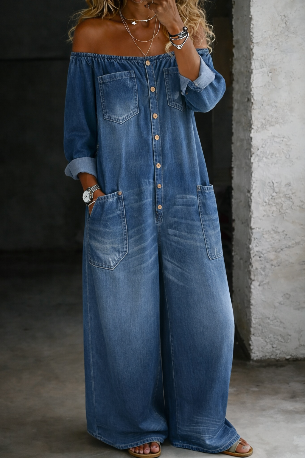 Elena | Off Shoulder Lange Mouw Jumpsuit
