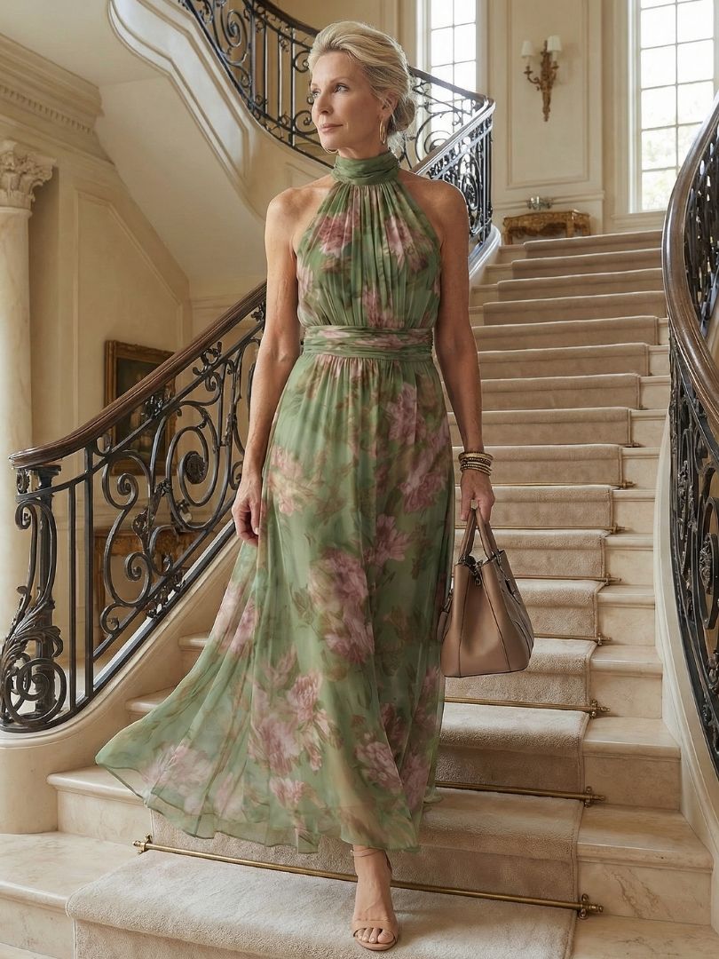 Mirelle | Geplooide halter midi-jurk