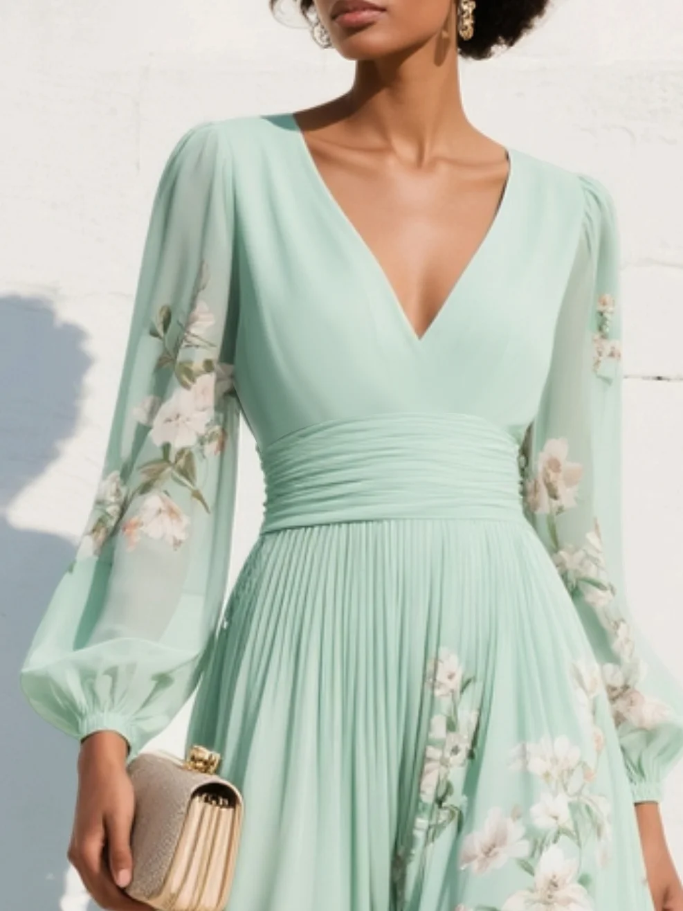 Lichtgroene V-hals chiffon geplooide bloemen midi jurk