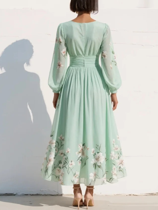 Lichtgroene V-hals chiffon geplooide bloemen midi jurk