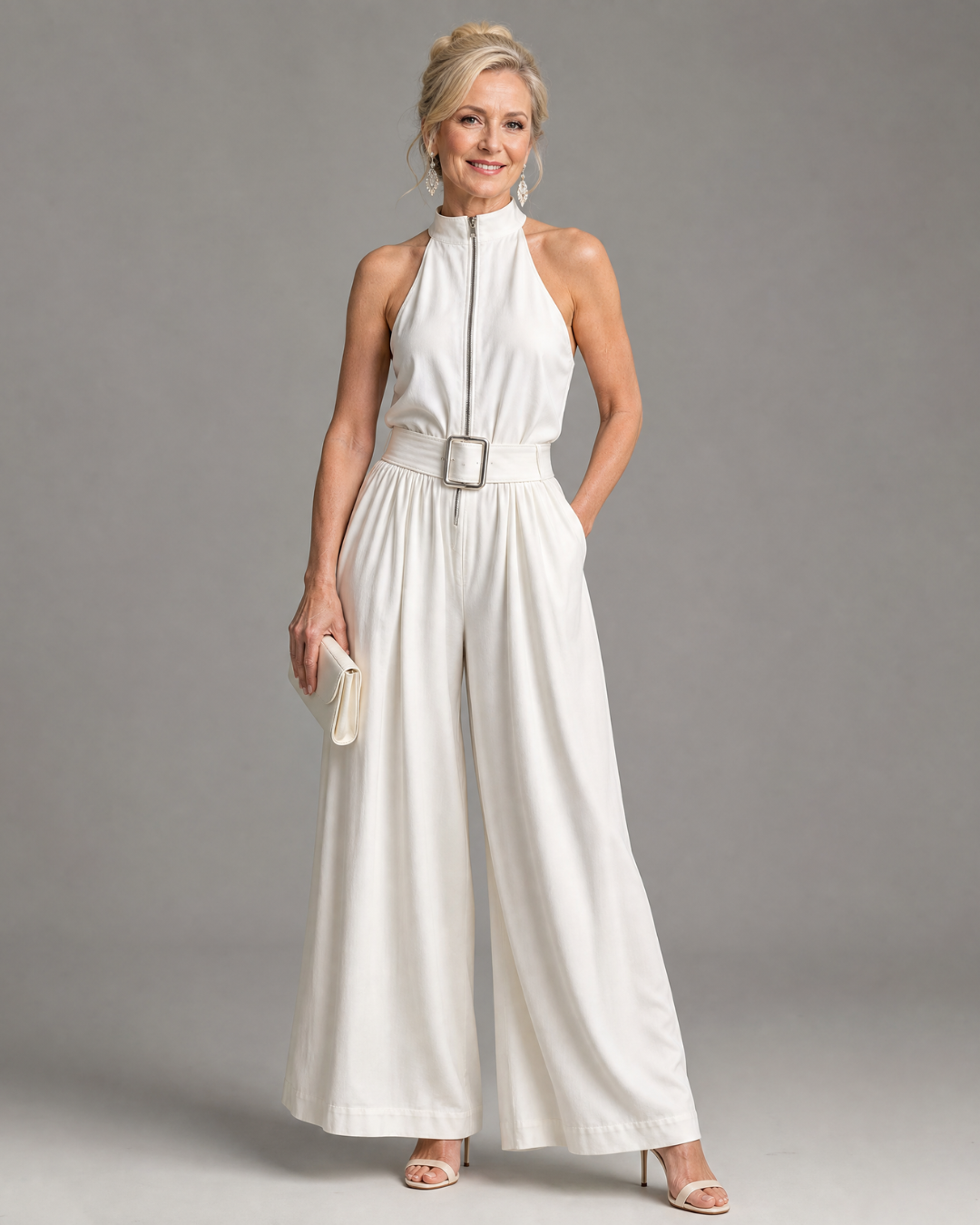 Astrielle | Hoge Hals Breed Been Mouwloze Jumpsuit met Ceintuur