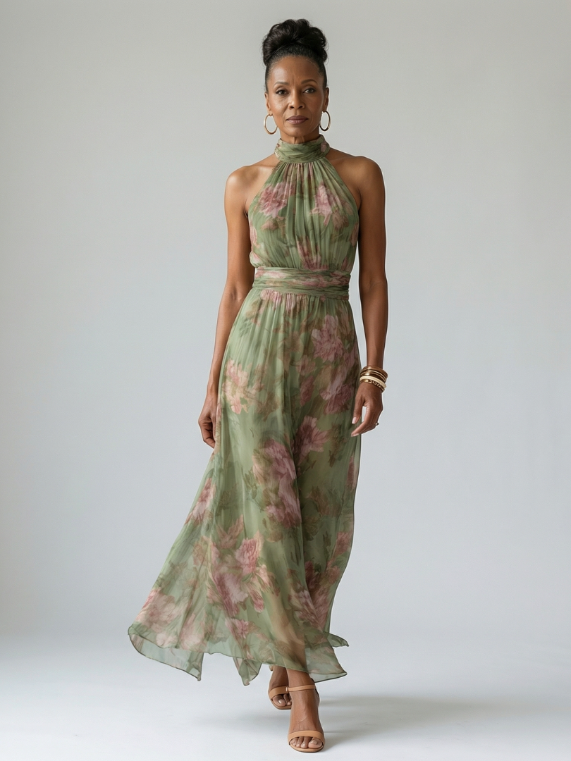 Mirelle | Geplooide halter midi-jurk