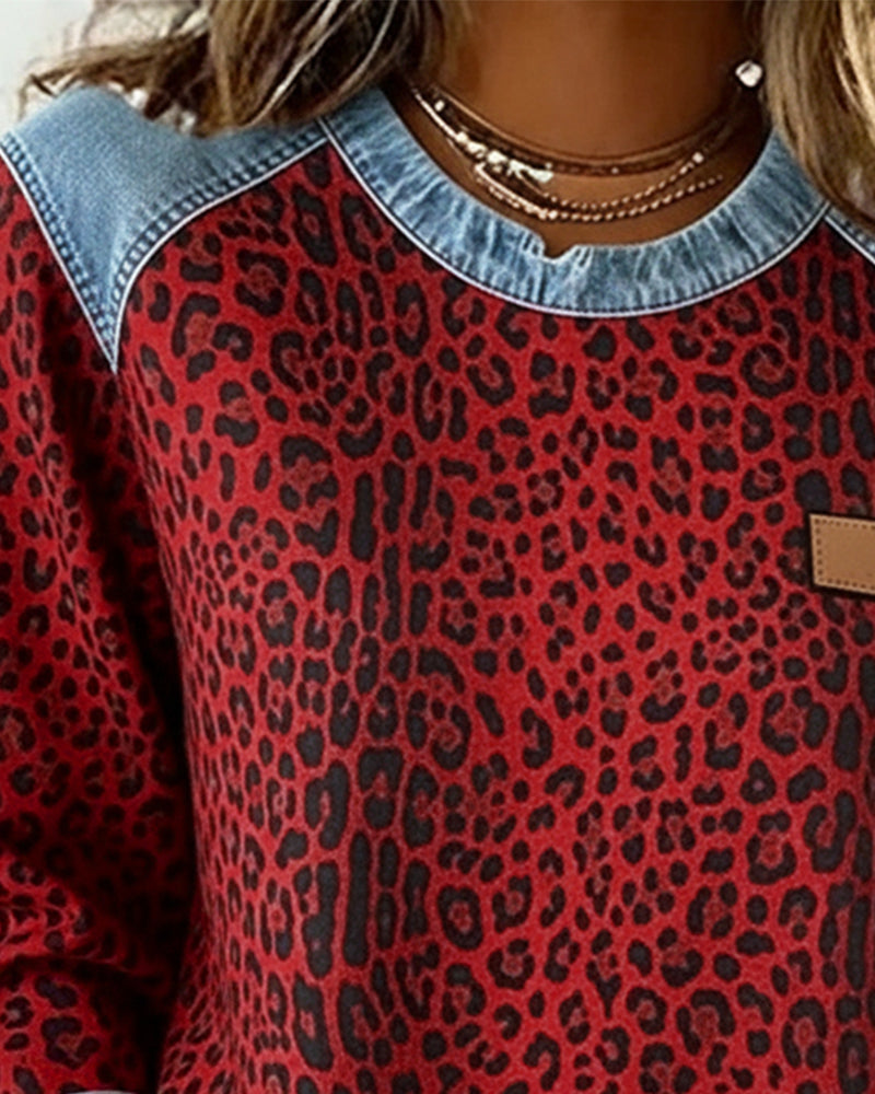Trui met Luipaardprint en Denim Patchwork
