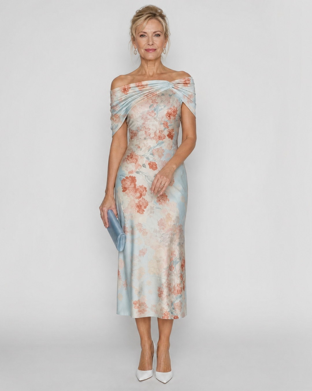 Imore | Zachte Bloemige Off Shoulder Aansluitende Midi Jurk