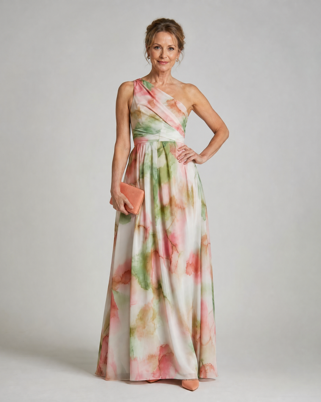 Olene | Aquarel Een Schouder Vloeiende Maxi Jurk