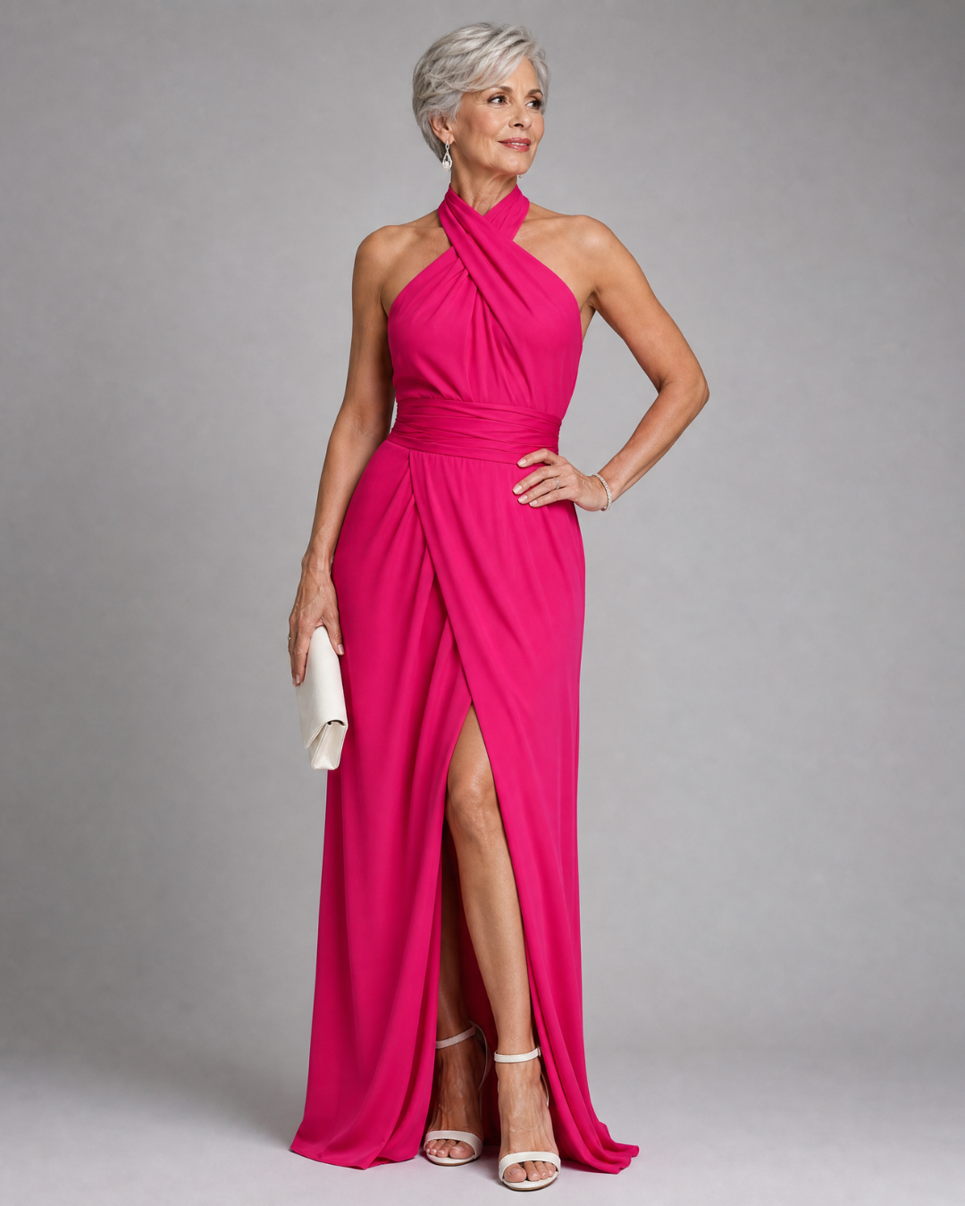 Vaelora | Cross Halter Draped Side Slit Midi Jurk
