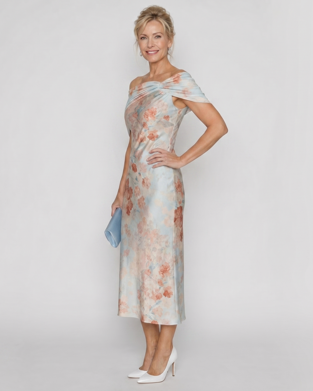 Imore | Zachte Bloemige Off Shoulder Aansluitende Midi Jurk