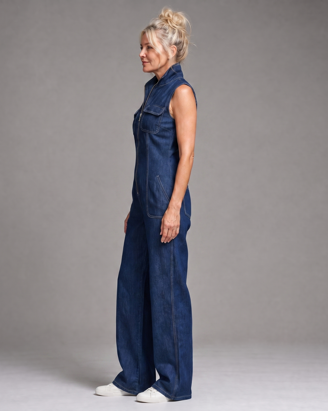 Samantha | Zip Front Mouwloze Denim Wijde Pijpen Jumpsuit
