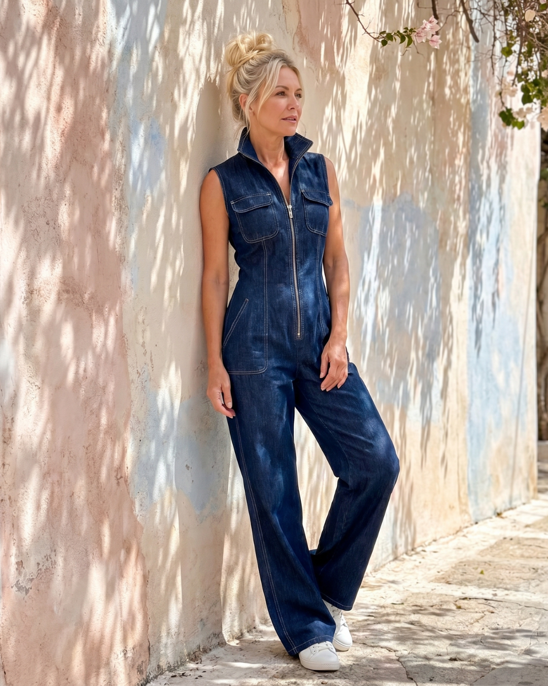 Samantha | Zip Front Mouwloze Denim Wijde Pijpen Jumpsuit