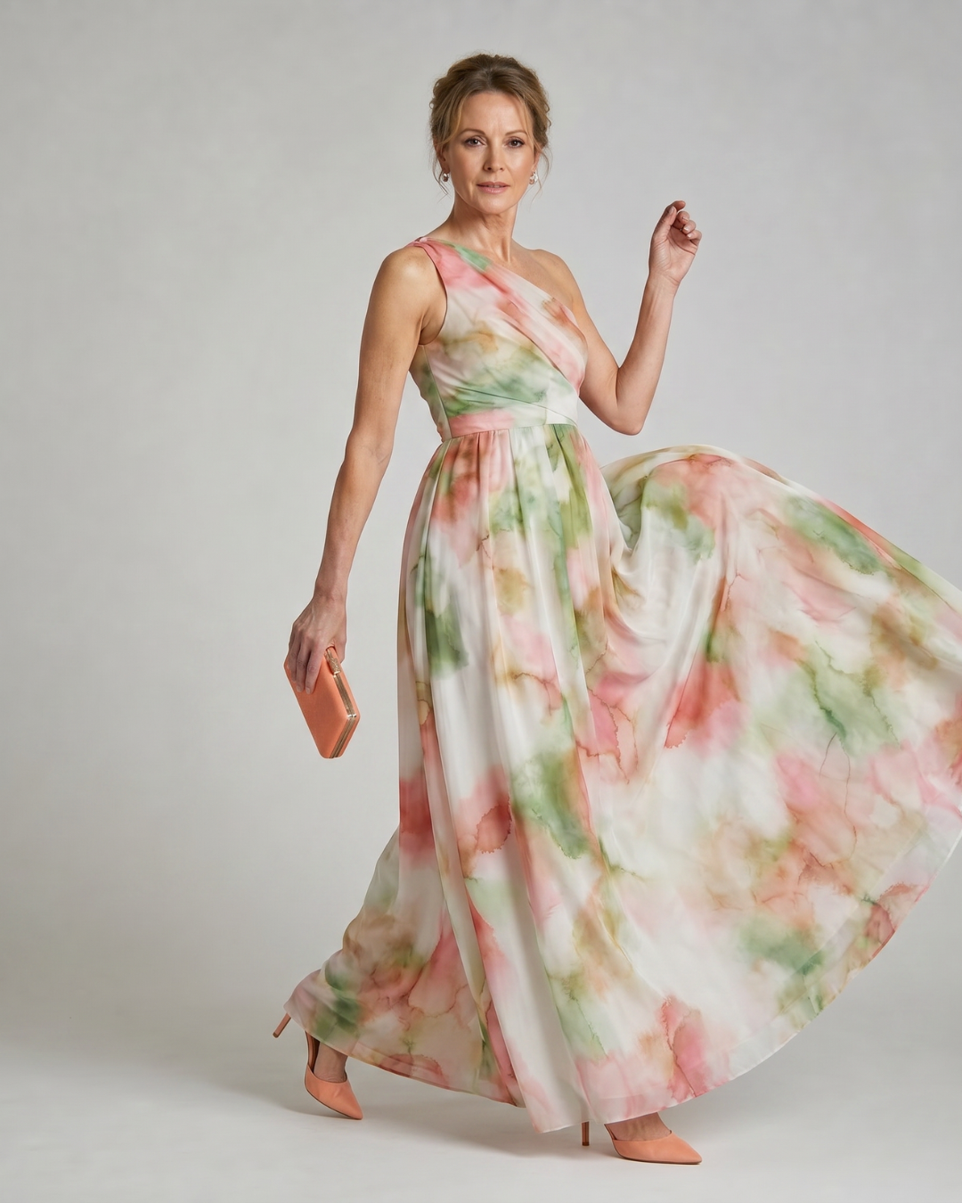 Olene | Aquarel Een Schouder Vloeiende Maxi Jurk