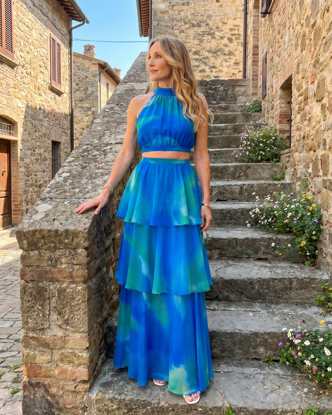 Mique | Natuurlijke Bloemen Halter Cutout Laagjes Maxi Jurk