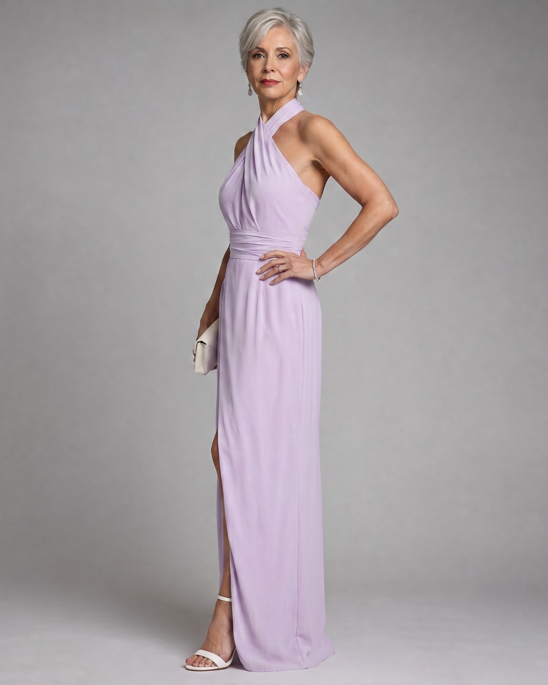 Vaelora | Cross Halter Draped Side Slit Midi Jurk