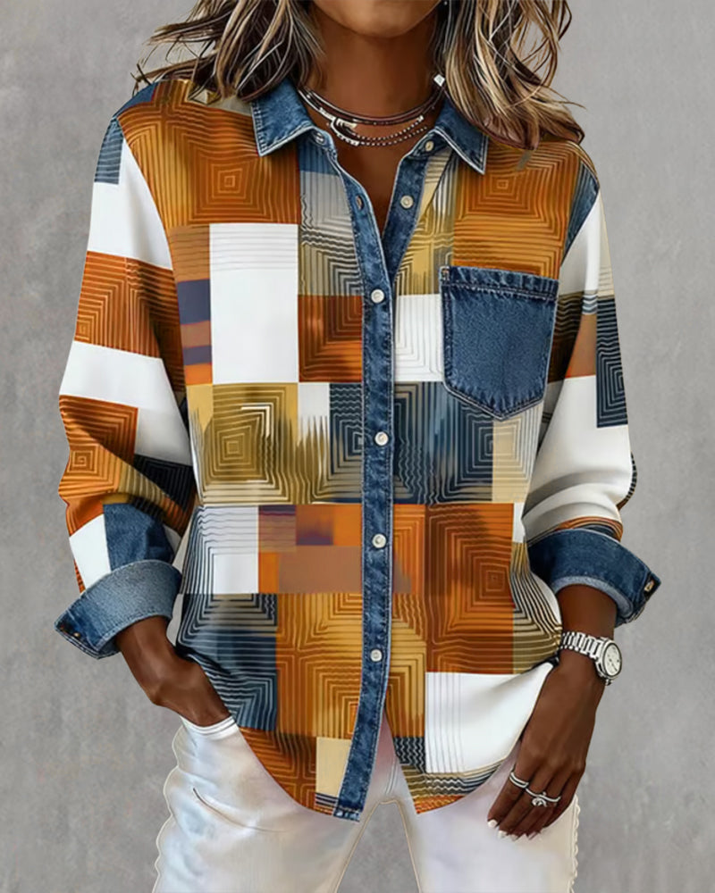 Kleurblok Shirt met Modieuze Kraag