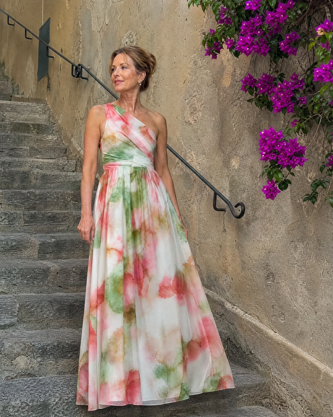 Olene | Aquarel Een Schouder Vloeiende Maxi Jurk