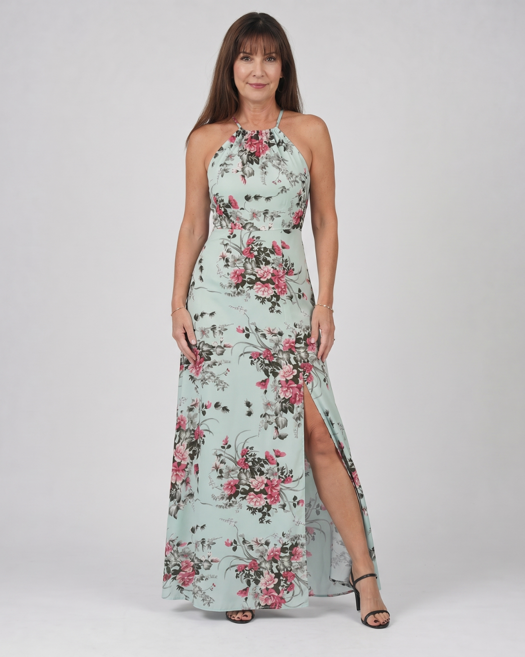 Loliane | Bloemen Halter Nek Zij Slits Midi Jurk