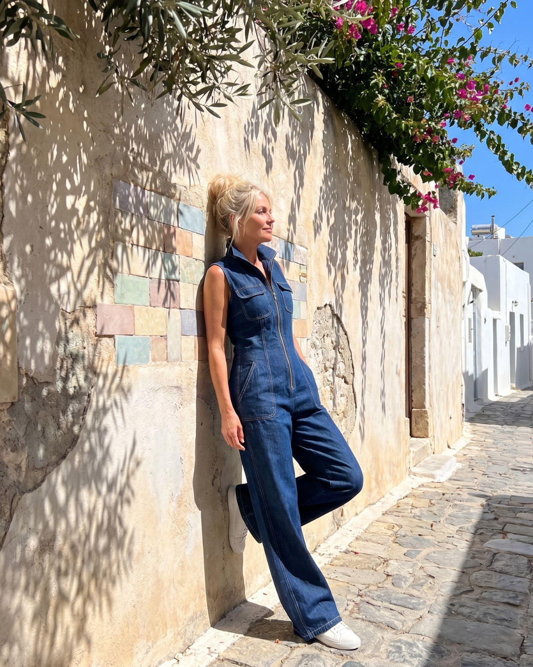 Samantha | Zip Front Mouwloze Denim Wijde Pijpen Jumpsuit