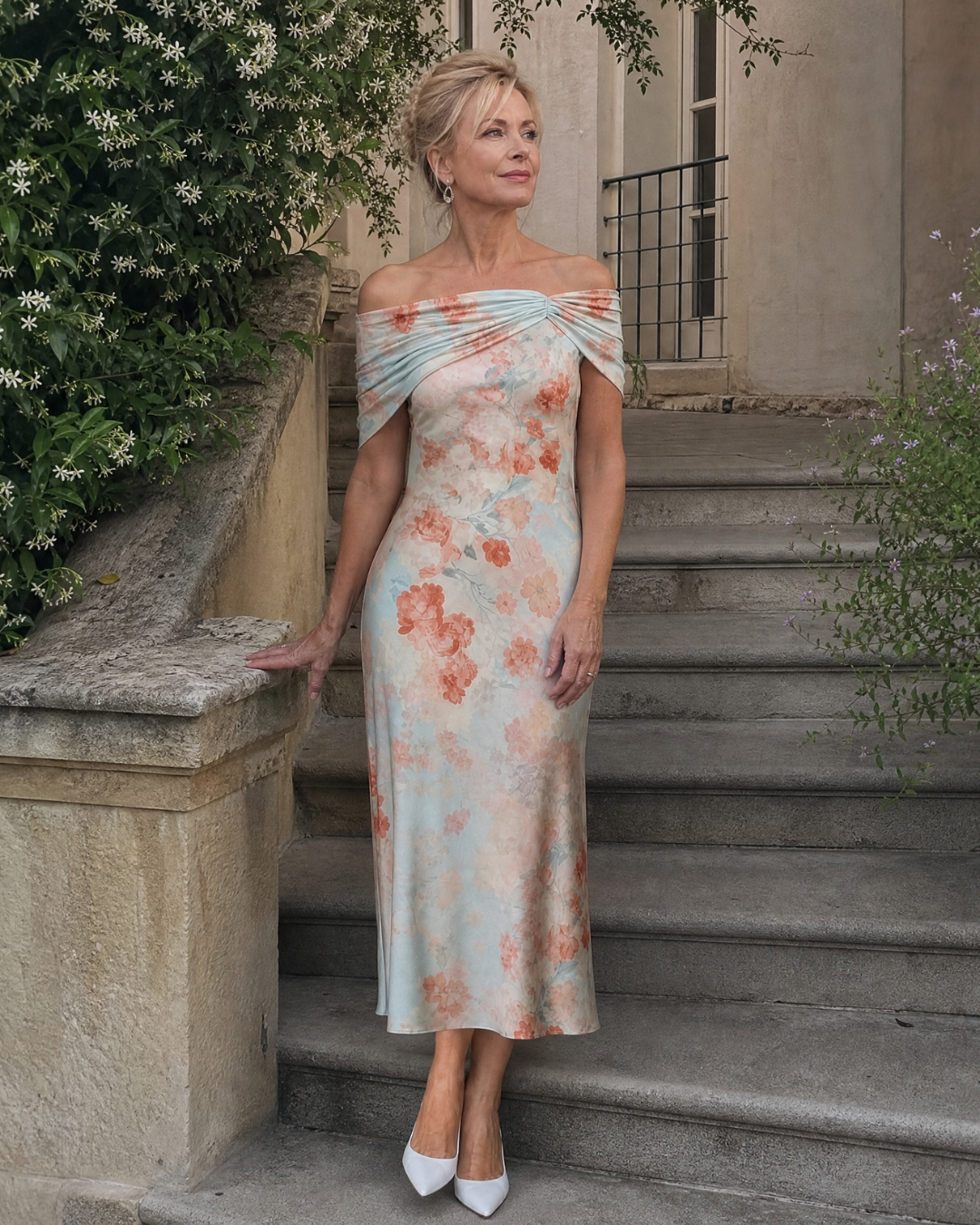 Imore | Zachte Bloemige Off Shoulder Aansluitende Midi Jurk