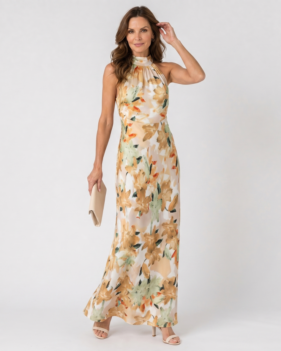 Cekel | Botanische Print Halter Nek Vloeiende Midi Jurk