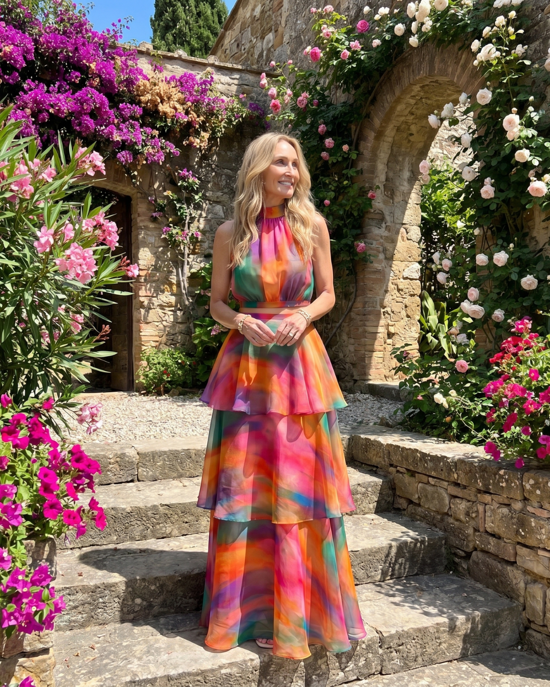 Mique | Natuurlijke Bloemen Halter Cutout Laagjes Maxi Jurk