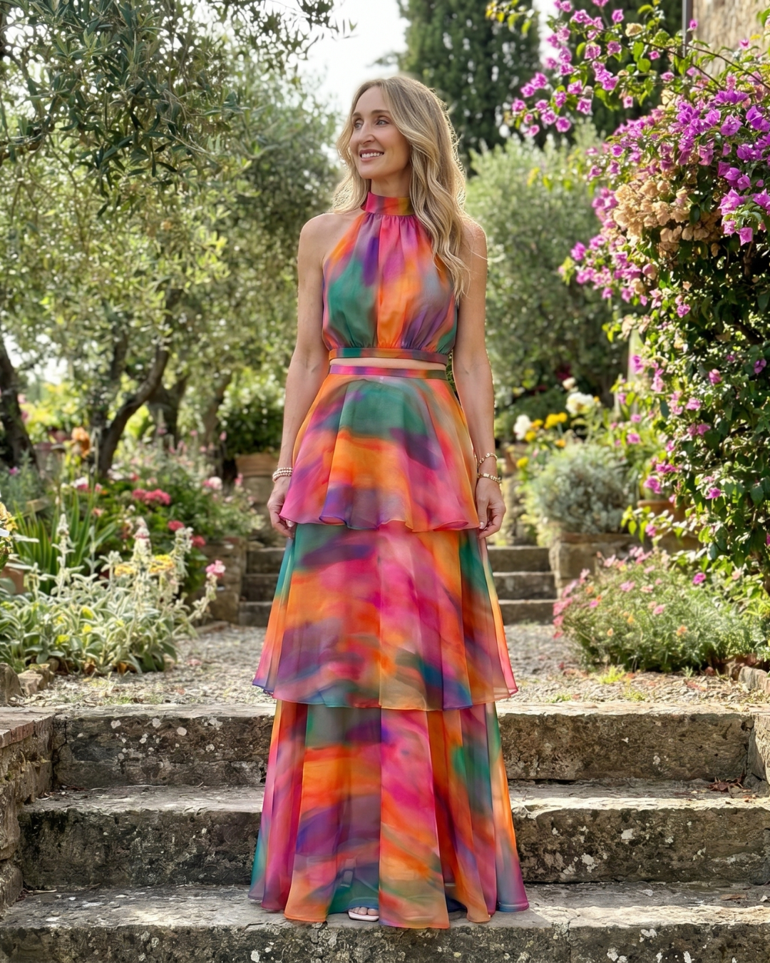 Mique | Natuurlijke Bloemen Halter Cutout Laagjes Maxi Jurk