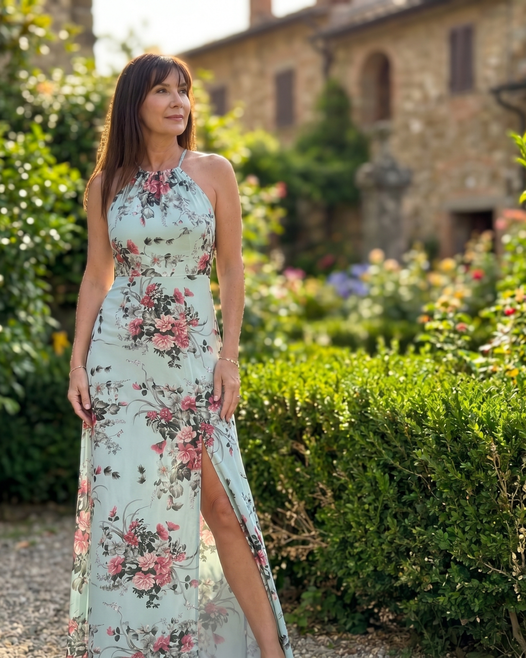 Loliane | Bloemen Halter Nek Zij Slits Midi Jurk