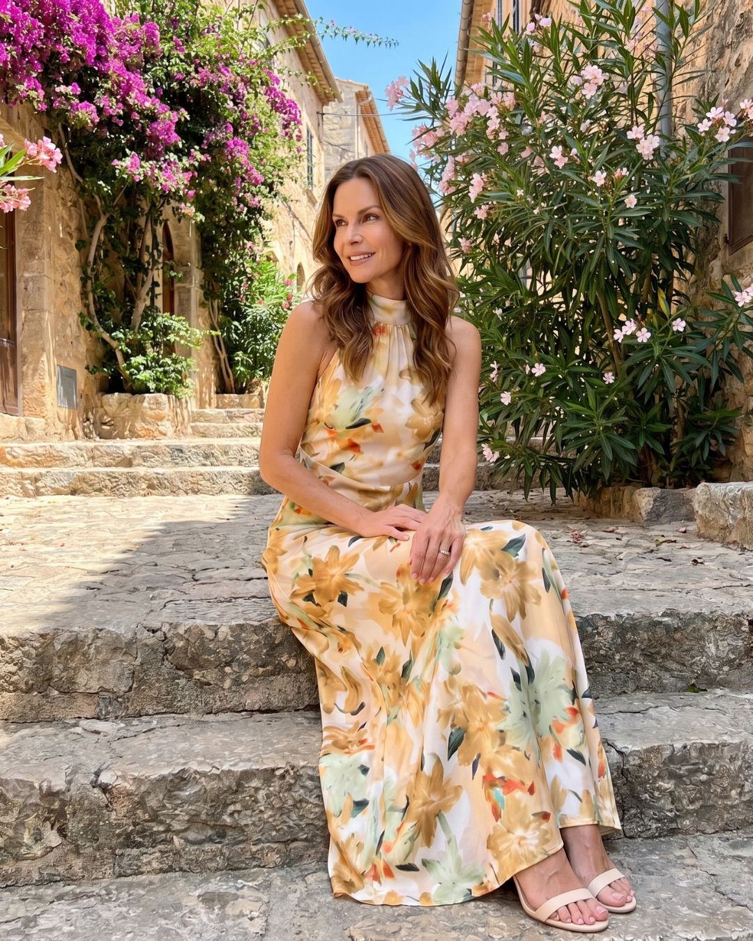 Cekel | Botanische Print Halter Nek Vloeiende Midi Jurk