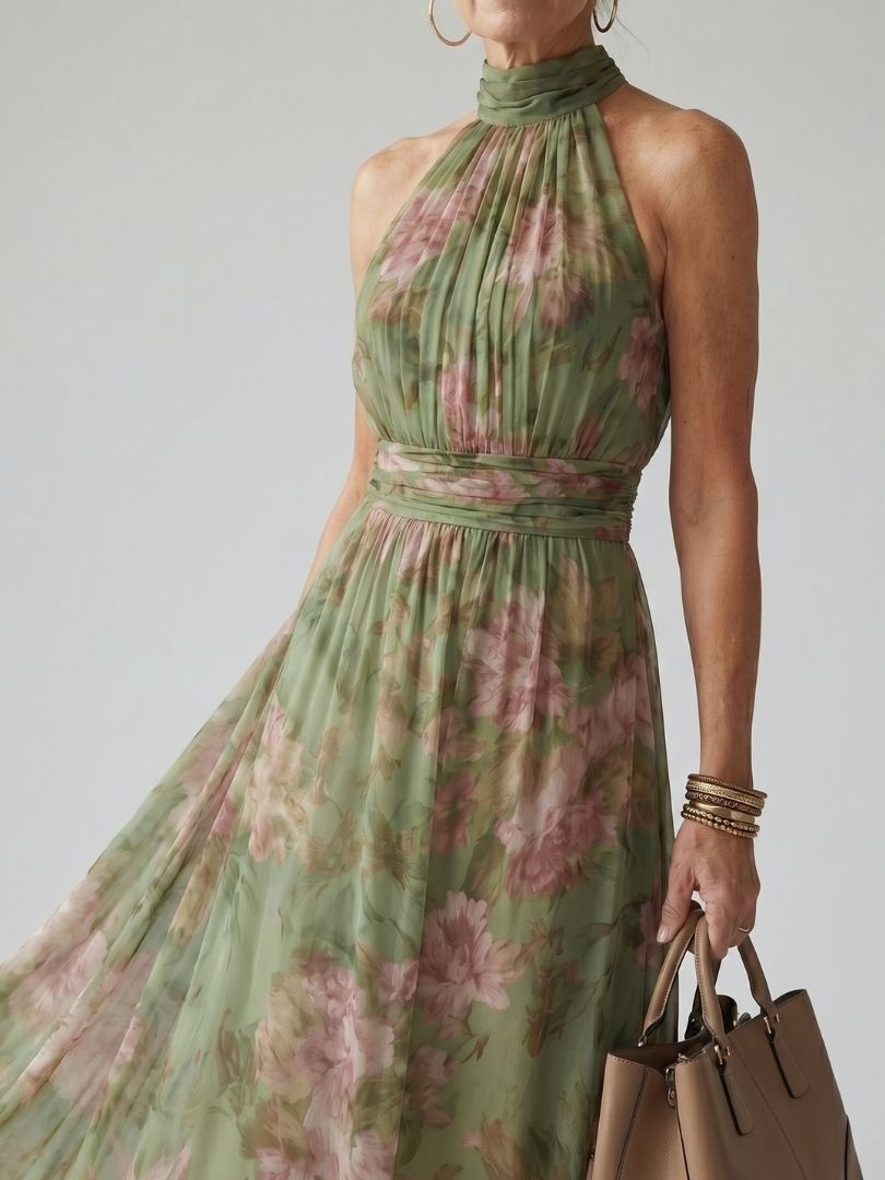 Mirelle | Geplooide halter midi-jurk