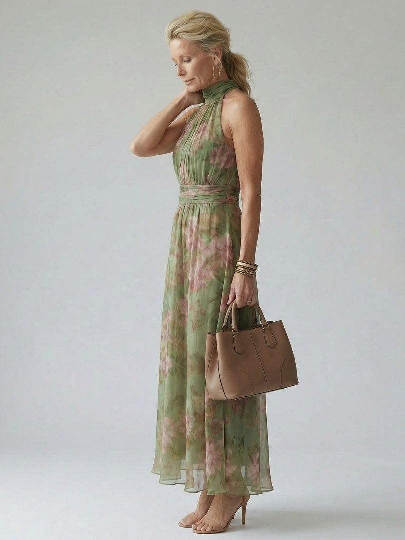 Mirelle | Geplooide halter midi-jurk
