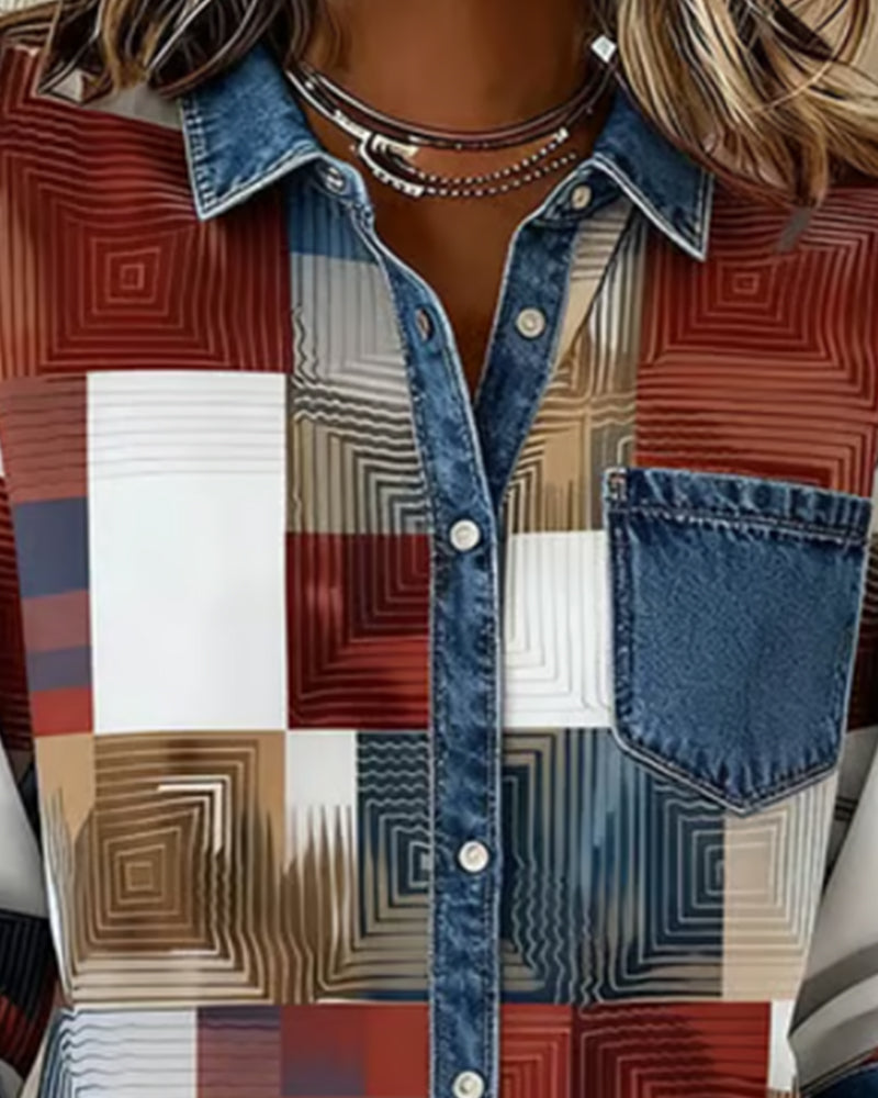 Kleurblok Shirt met Modieuze Kraag