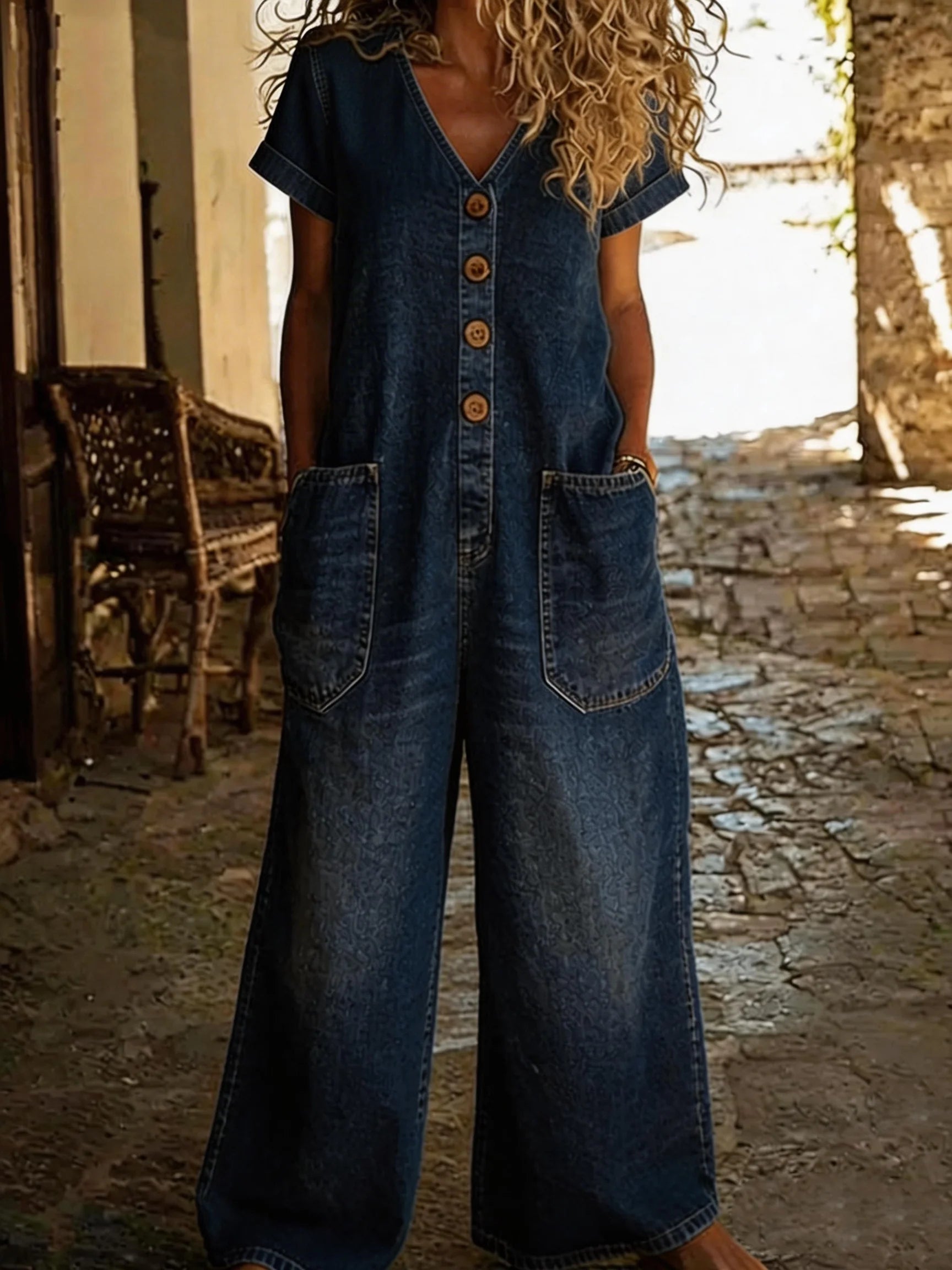 Denise | Denim Jumpsuit met V-hals en Korte Mouwen
