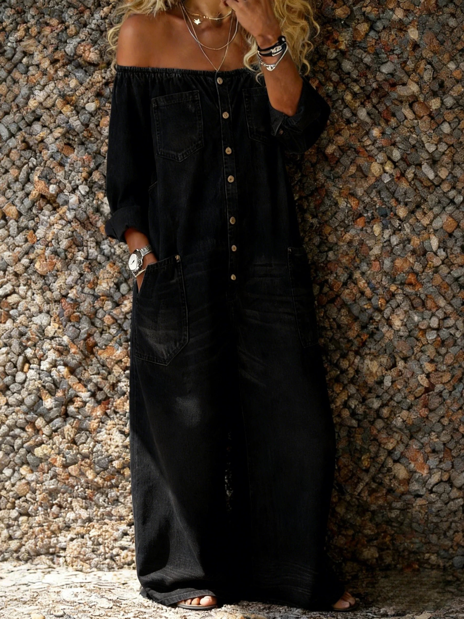 Noa | Denim Jumpsuit met Off-Shoulder Halslijn
